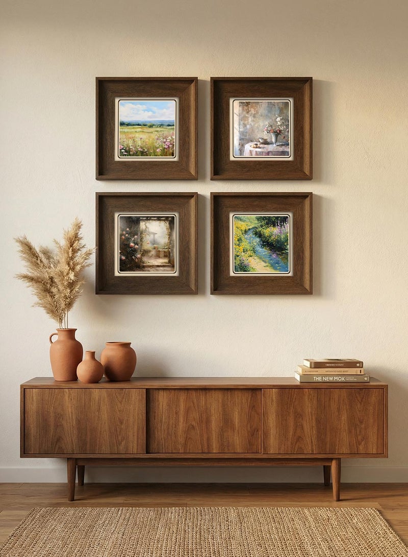 LOWHA Set of 4 Canvas Wall Art Stretched Over Wooden Frame with Vintage Brown Floating Frame and Pastoral Calm Design - Image 2